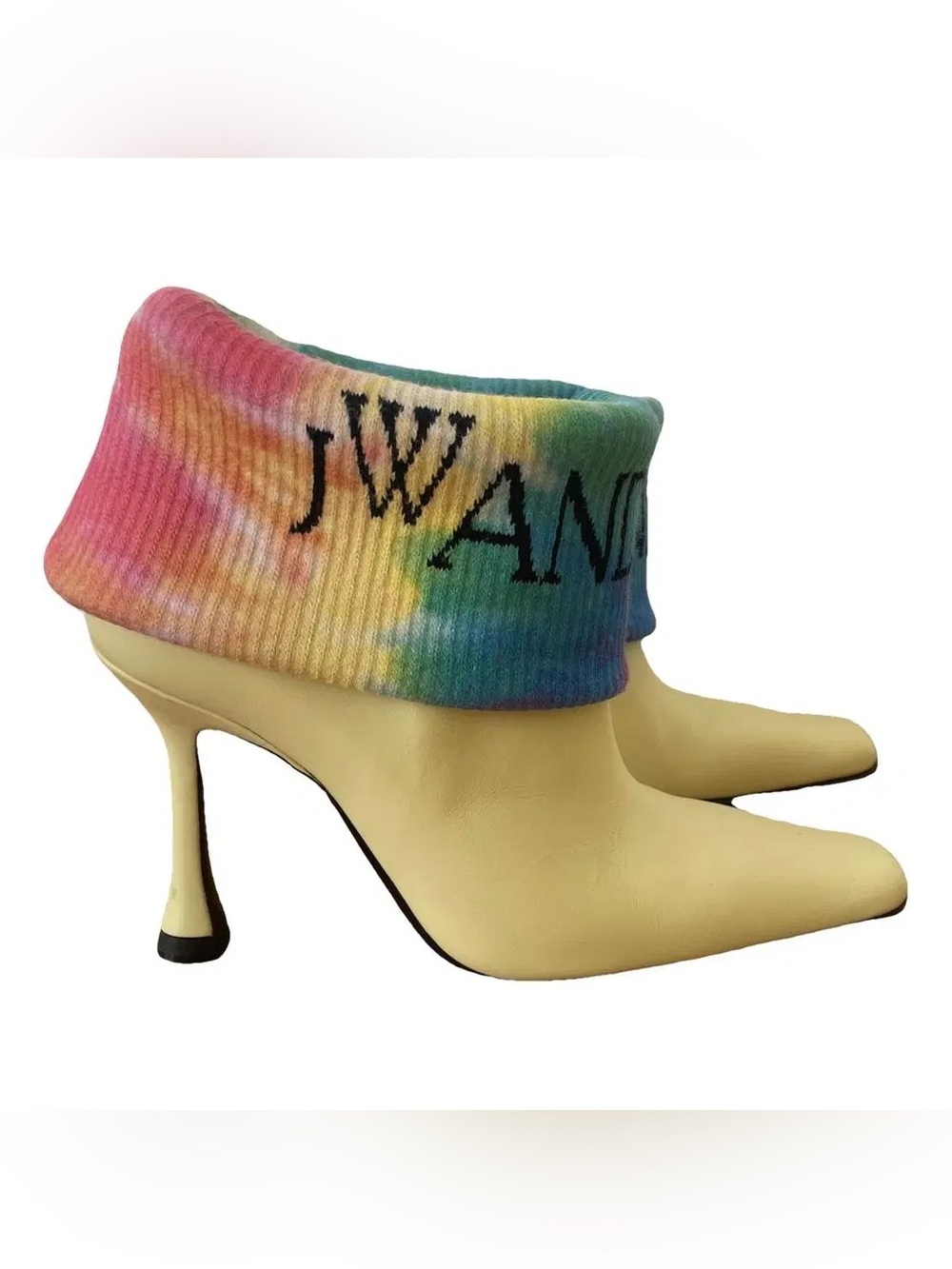JW ANDERSON Yellow Leather Pointed-Toe High Heeled Boots with Tie-Dye Sock Cuff